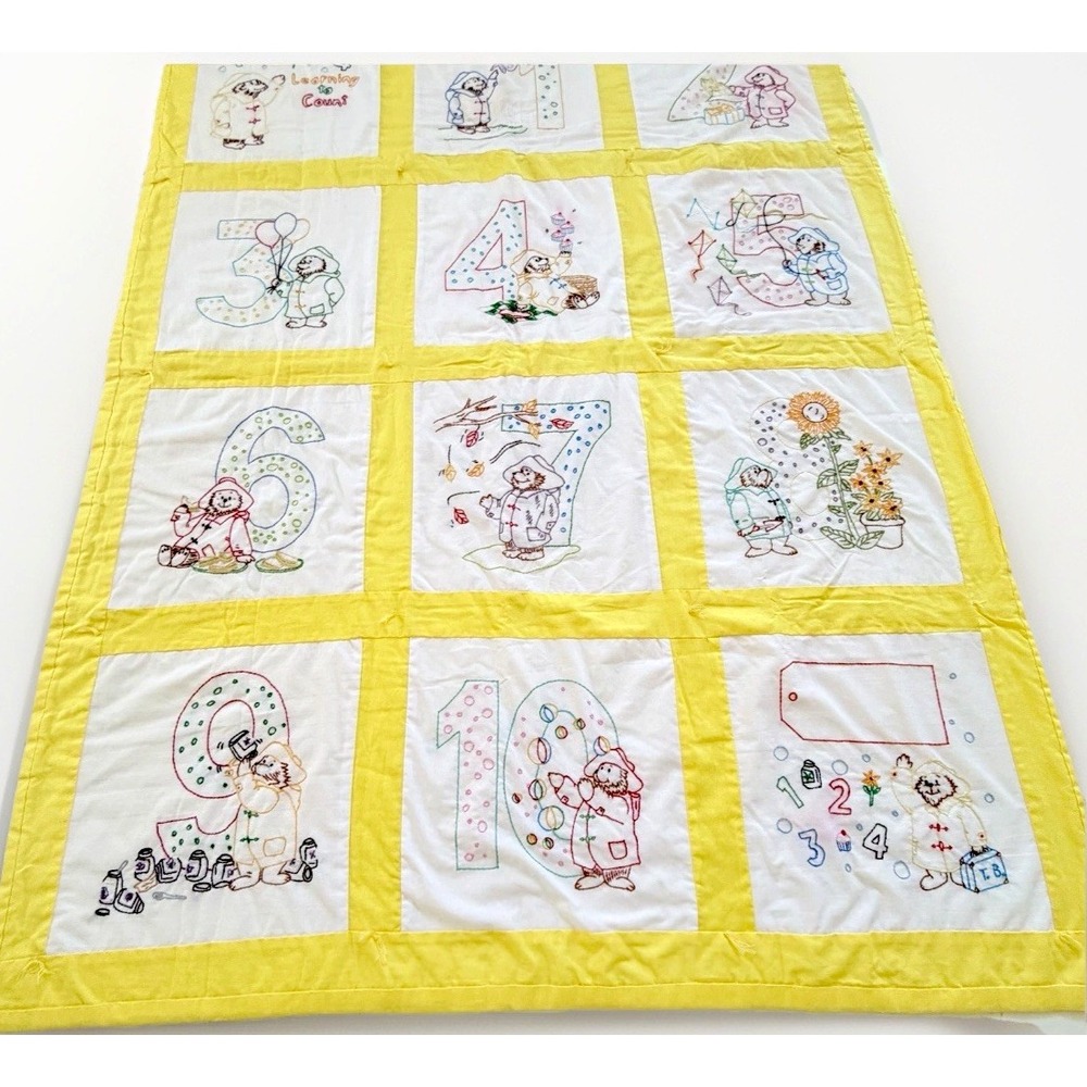 VTG Blanket Lap Kids Room Nursery Yellow 48x36 Handmade Stroller Bear Quilt Boho